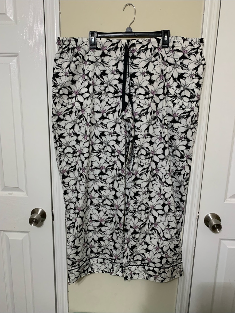 Soma White Wide Leg Pants with Black Sketch Floral and Pink Accents